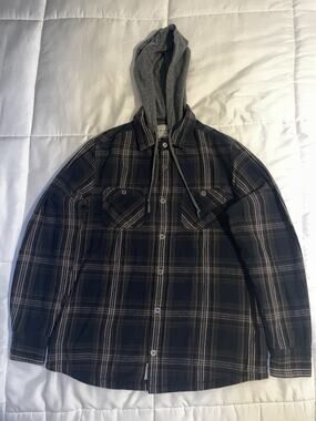 Flag & Anthem Button Up Flannel Hoodie Jacket Plaid Mens M